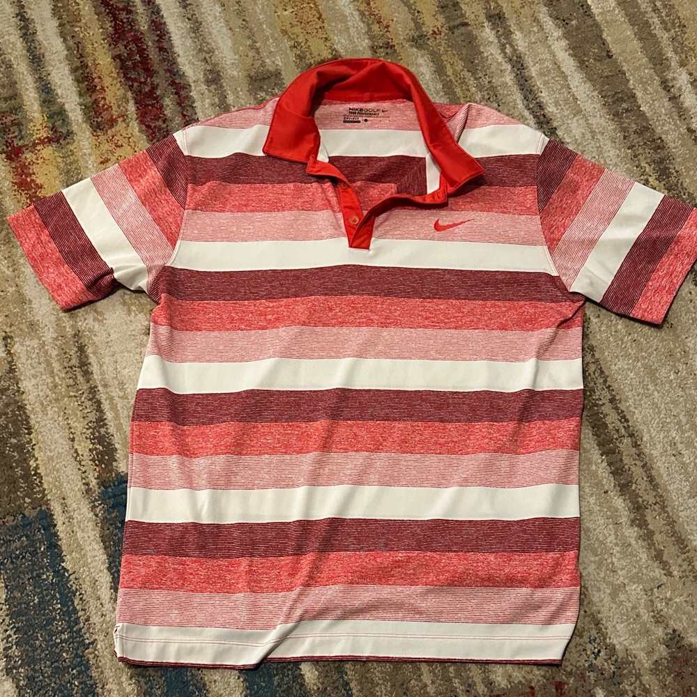 Nike Men's Red and White Striped Polo Shirt